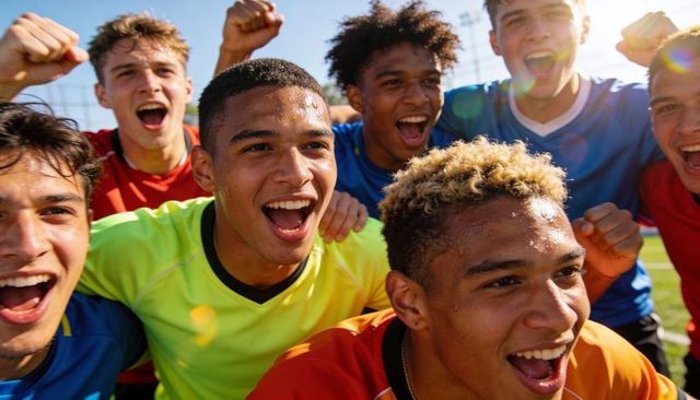 Sunlit teen soccer team celebrating victory pumping fists showing joy and team spirit