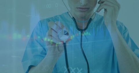 Doctor Holding Stethoscope Analyzing Digital Healthcare Data