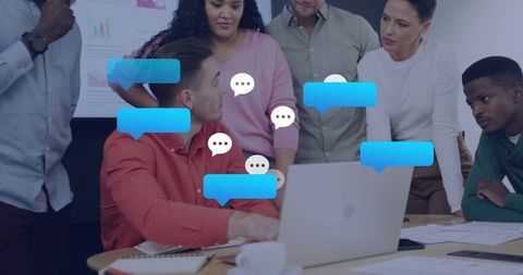 Team Collaborating Around Laptop With Speech Bubbles Showing Brainstorming and Discussion