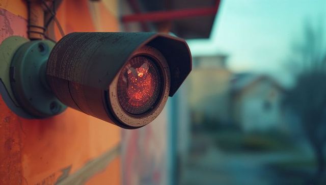 Surveillance camera with red glow on wet orange wall