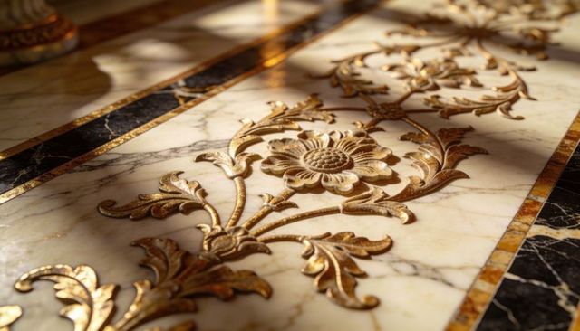 Gilded floral relief catching sunlight on cream marble panel with black border
