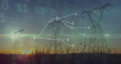 Rural power transmission towers merging with digital network overlay at sunset