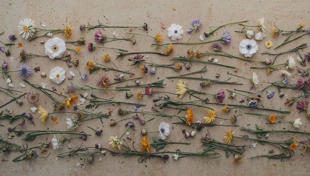 Wildflower flatlay on neutral textured surface with pastel cut blooms and stems