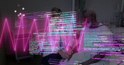 Doctors in consultation with futuristic tech and digital data overlay