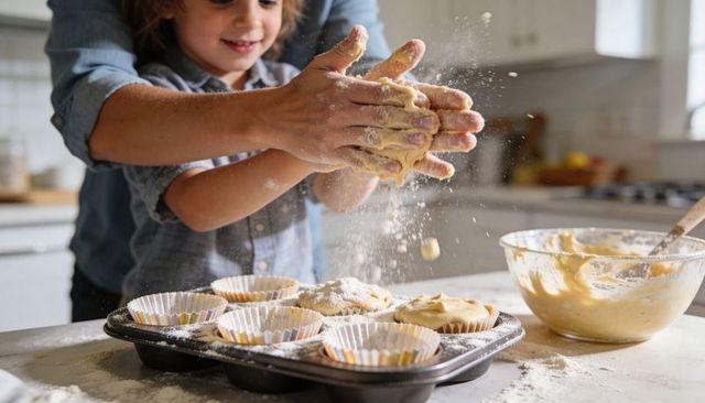Mother guiding child baking muffins, hands dusting flour, family learning in kitchen