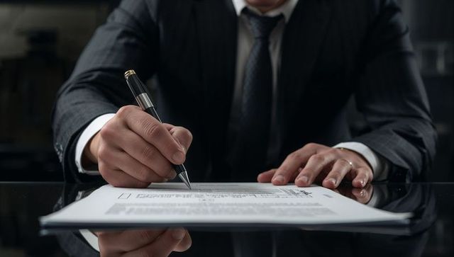 Executive signing contract on glossy desk with reflection, close-up of hands and pen