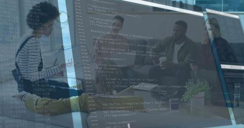 Diverse Team Brainstorming Innovative Tech Ideas in Modern Office