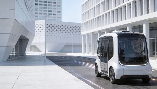 Autonomous electric shuttle navigating minimalist urban plaza with futuristic architecture