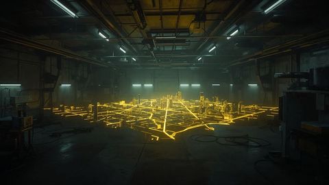 Futuristic Holographic City Grid in Industrial Warehouse