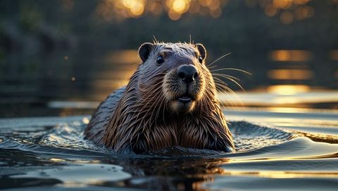 North american beaver swimming at dusk with reflective waters