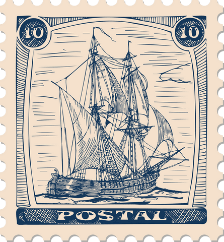 Vintage postal stamp with sailboat illustration on transparent background