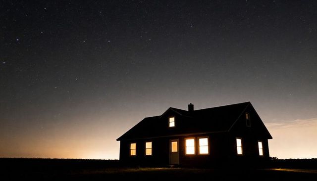 Glowing farmhouse standing on grassy plain under starry night sky, emitting warm light