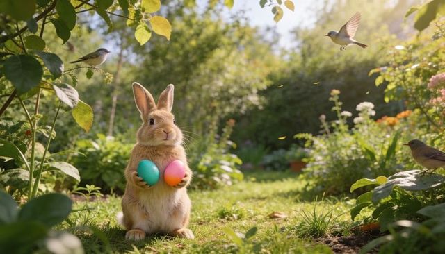 Sunlit bunny holding teal and pink easter eggs in lush backyard garden with songbirds