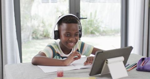 African American Boy Learning Online with Tablet at Home