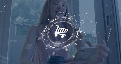 Smiling woman using mobile shopping app holding phone and cup with ar cart overlay