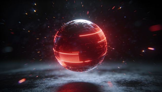 Floating cybernetic orb emitting red led bands and dotted panels over wet reflective floor