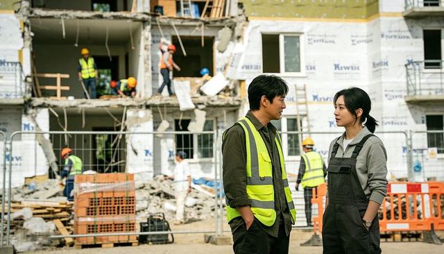 Discussing safety at demolition site with supervisors wearing hi-vis vests, rubble, scaffolding