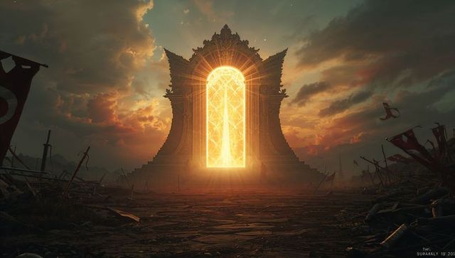 Radiant portal in mystical field at dusk with swords and banners