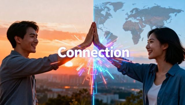High-fiving professionals creating glowing digital connection on urban rooftop at sunset