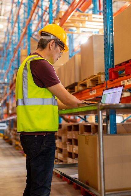 Side view of focused asian mature male worker using laptop on table against shelves in warehouse. wireless technology, unaltered, warehouse, logistics and shipping occupation.