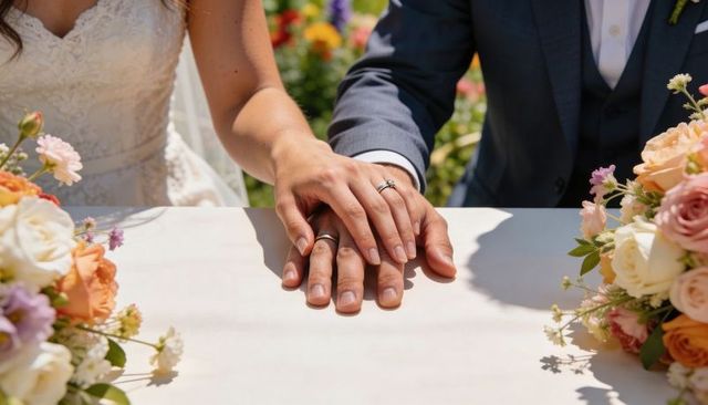 Bride and groom holding hands with wedding rings on sunlit garden table