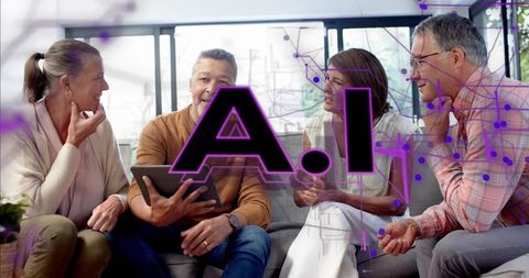 Discussing AI Strategy Using Tablet in Modern Workspace Lounge with Purple AI Overlay