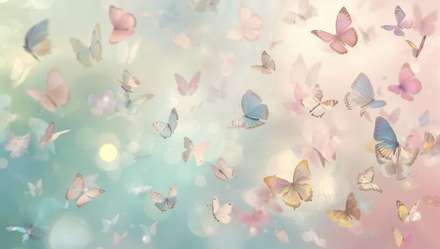 Pastel butterflies drifting through dreamy bokeh light, translucent wings glowing