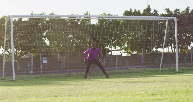 Professional football goalkeeper standing in front of goalposts, ready to save a shot. Ideal for sports magazines, soccer training manuals, athletic advertisements, and promotional material for sports events.