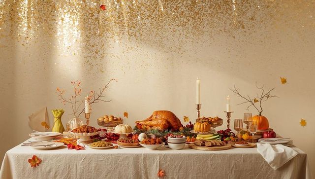 Autumn Holiday Feast With Roasted Turkey, Pumpkins, Candles and Festive Fall Table Spread