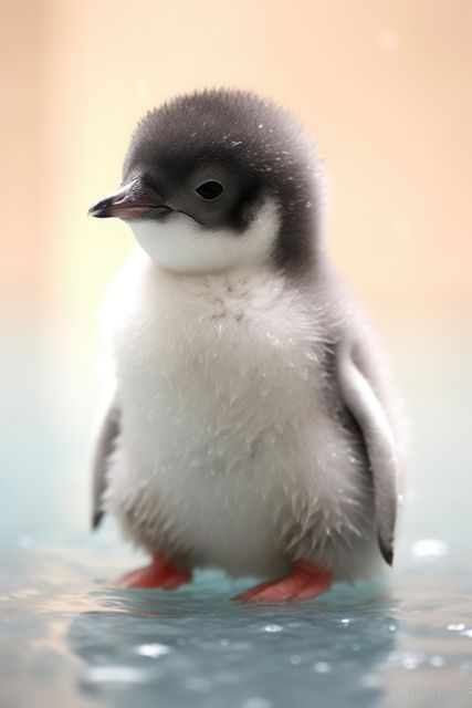 This image shows an incredibly cute and fluffy penguin chick standing on ice, making it perfect for use in educational materials, children's books, wildlife conservation topics, and any content looking to evoke feelings of cuteness or engage audiences on topics related to wildlife and nature.