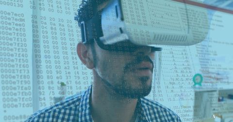 Man Experiencing VR Technology with Digital Data Overlap