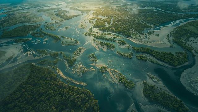 Aerial View of Braided River and Lush Floodplain at Sunset