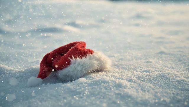 Scarlet santa hat resting in fresh snow with falling snowflakes and sparkling ice crystals