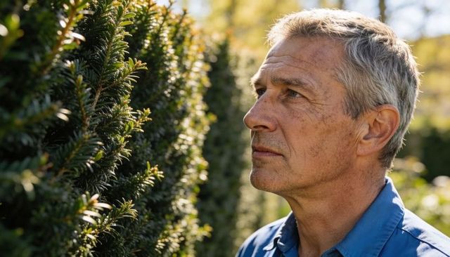 Mature man inspecting trimmed yew hedge during golden hour, contemplative garden portrait