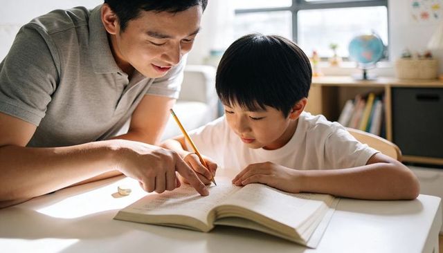 Father guiding son through homework at home desk, tutoring, focused learning moment