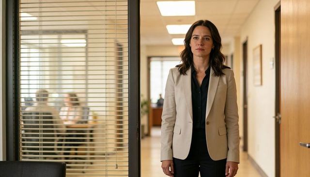 Confident professional woman standing in corridor wearing beige blazer and black pants