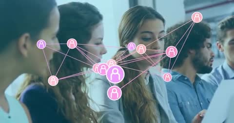 Diverse Team Collaborating at Technology Workshop with Digital Network Overlay