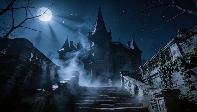 Moonlit gothic mansion looming above foggy stone staircase under eerie night sky