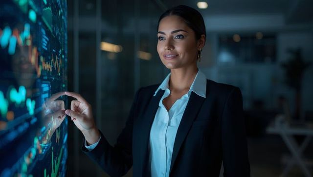 Businesswoman Analyzing Data on Interactive Screen in Modern Office