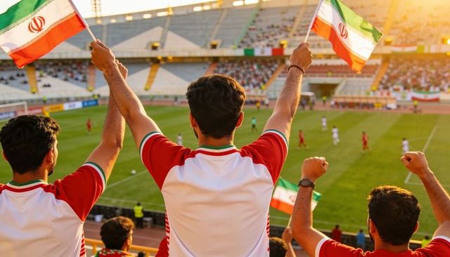 Iranian football fans cheering, waving flags, and celebrating in stadium at sunset