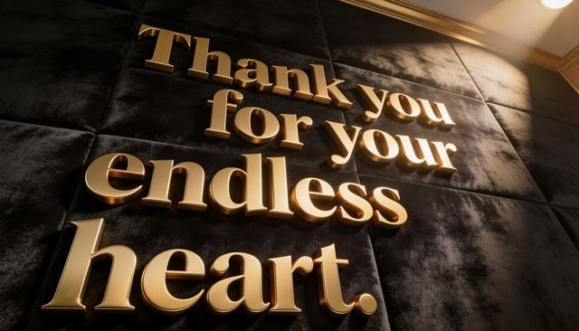 Gold 3d thank you lettering reflecting warm light on quilted velvet for luxury gratitude