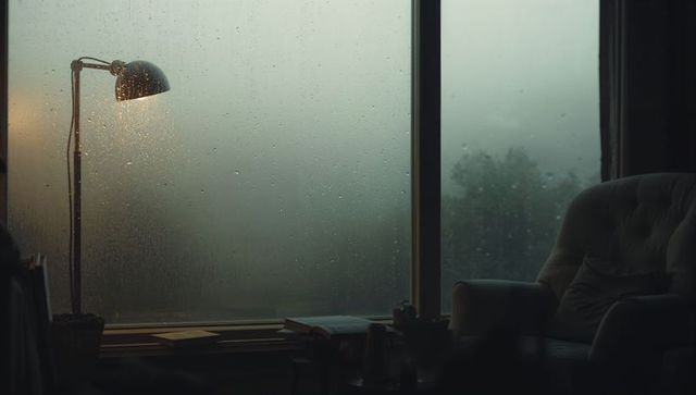 Rain-speckled window framing misty trees, lamp casting warm glow over cozy armchair