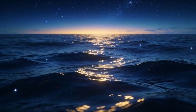 Twilight ocean surface reflecting golden dusk glow and starlight, calm rolling waves