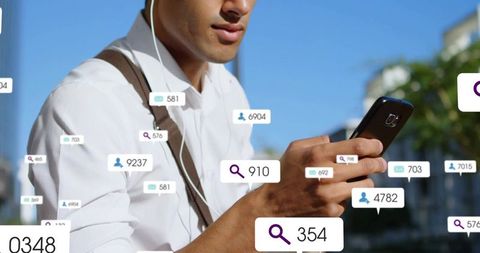 Urban commuter checking smartphone with social notification overlays and tapping screen