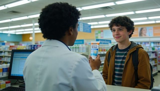 Pharmacist handing moisturizing cream to teen at pharmacy counter friendly consultation