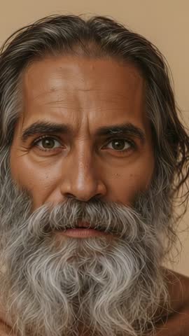 Vertical video showing blinking senior man with long gray beard and calm steady gaze