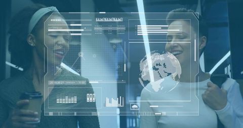 Two women walking with augmented reality HUD overlay showing globe and analytics charts