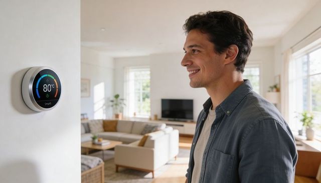 Smiling man adjusting smart thermostat in modern living room for energy saving