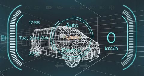 Futuristic Wireframe Van Model with HUD Interface on Digital Grid