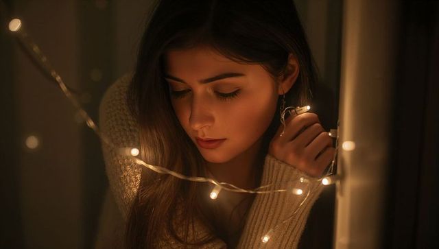 Young woman arranging fairy lights in chunky knit sweater warm bokeh evening portrait